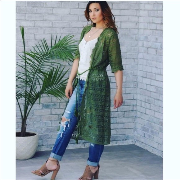 Crochet drawstring duster cardigan - Picture 2 of 5